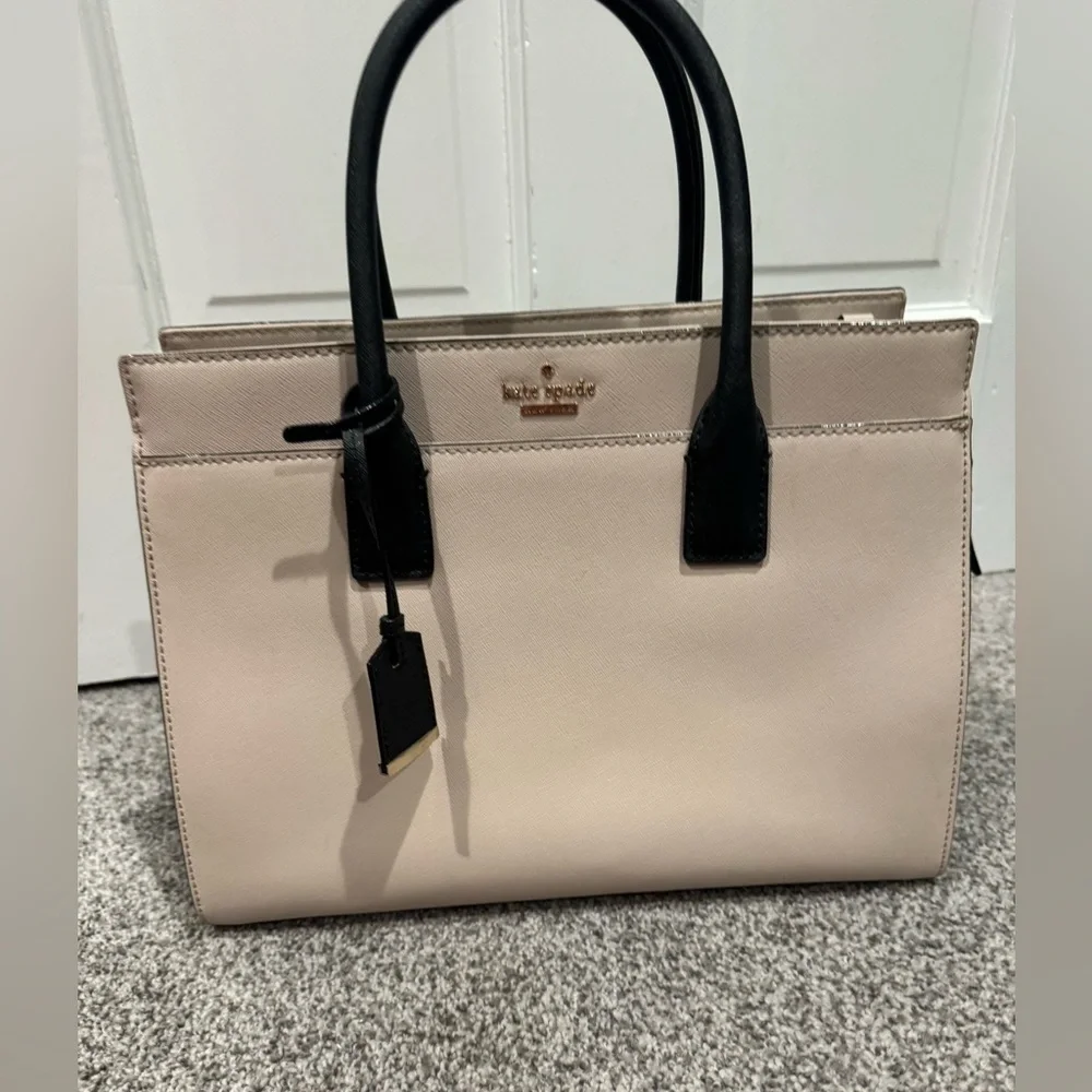 Kate Spade Leather Bag Pale Pink Trimmed Black Satchel strap info in description